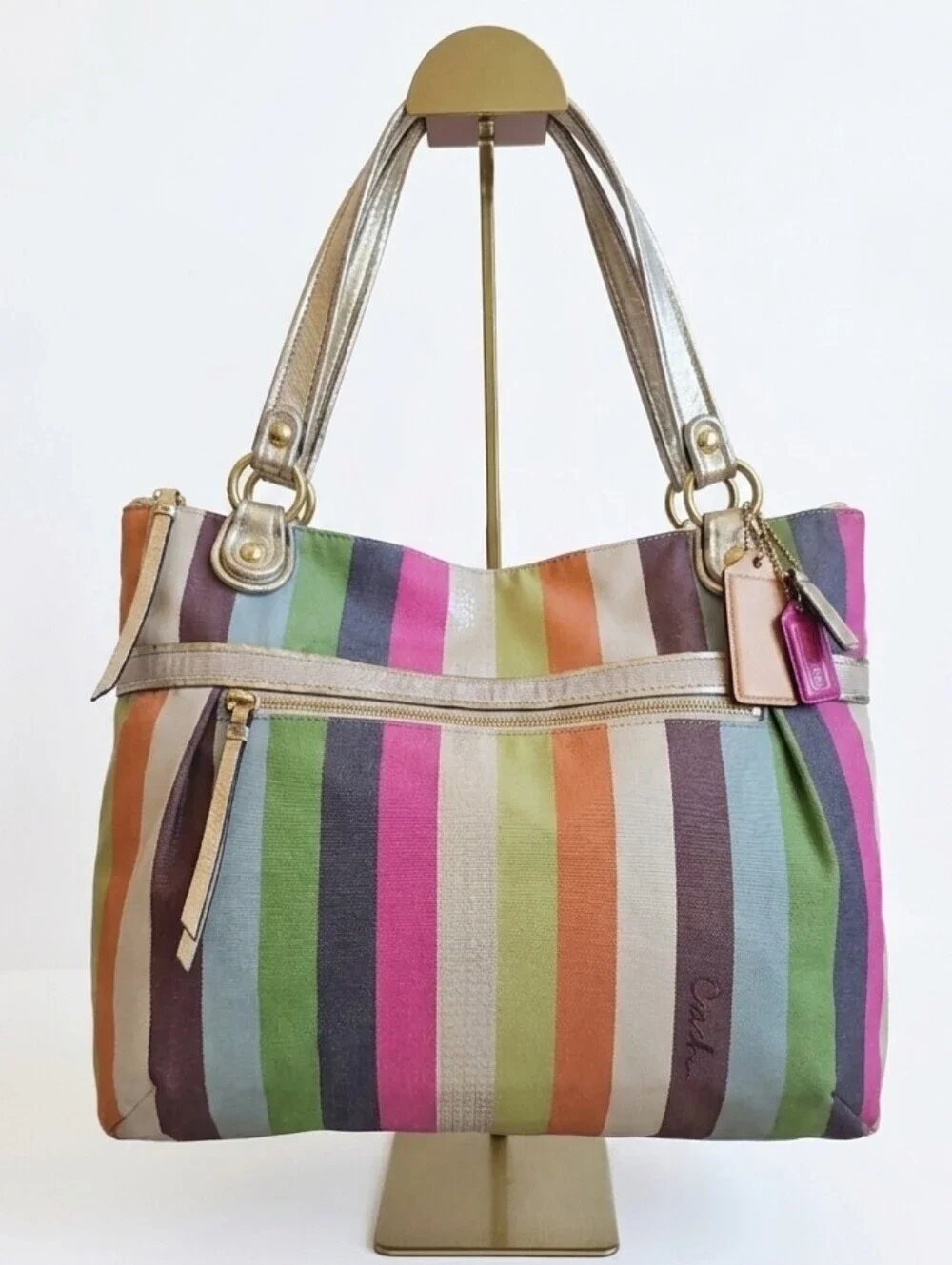 ​Coach 2011 Poppy Sequin Legacy Stripe Glam Tote - Chartreuse Interior - EUC